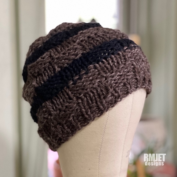 *NEW* Brown + BlackHEMP Wool Textured Handmade Hand Knit Beanie hat - Picture 1 of 2
